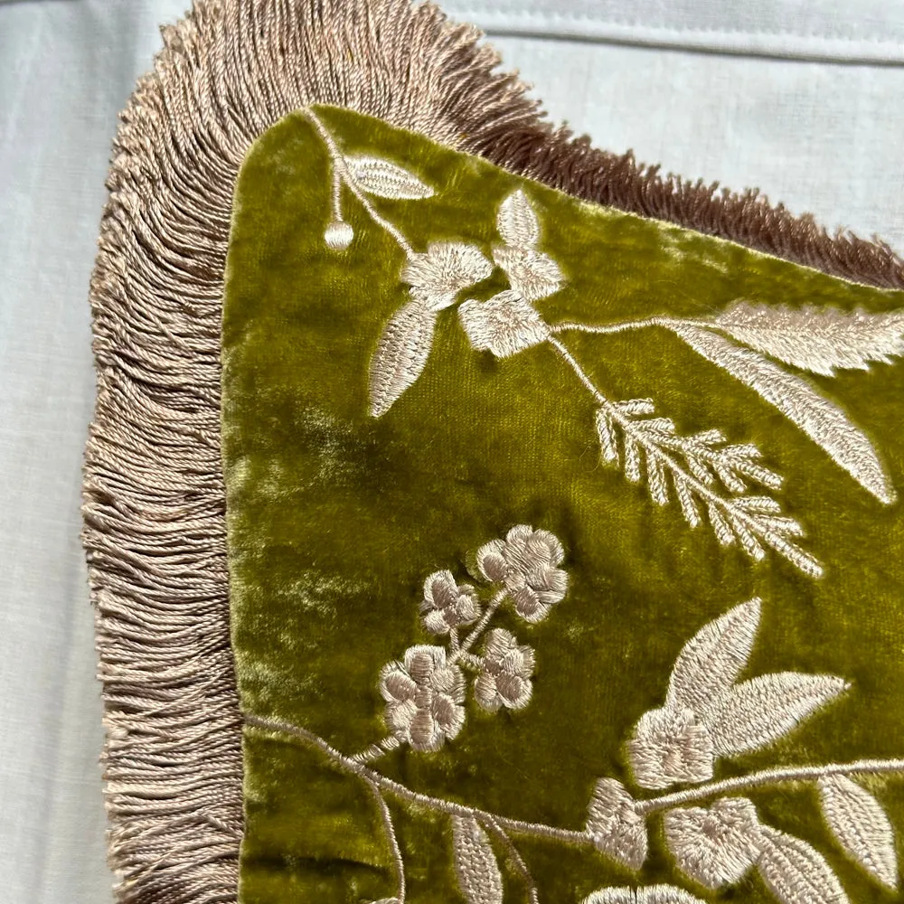 Liza Silk Velvet Embroidered Cushion in Foliate Green with Beige Fringe