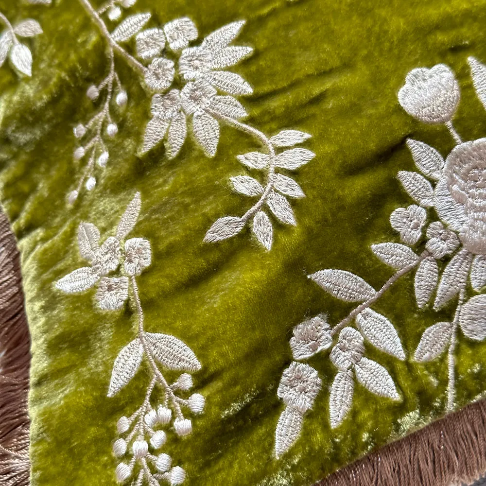 Liza Silk Velvet Embroidered Cushion in Foliate Green with Beige Fringe
