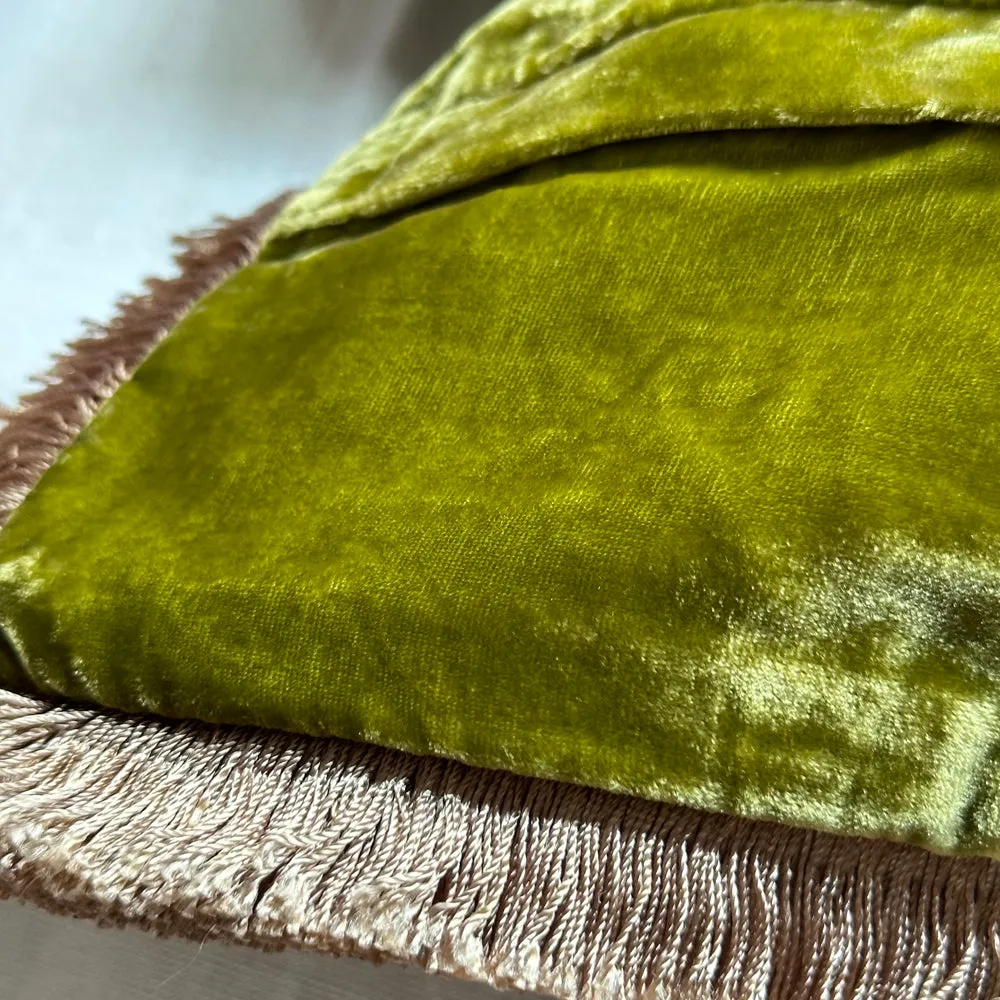 Liza Silk Velvet Embroidered Cushion in Foliate Green with Beige Fringe