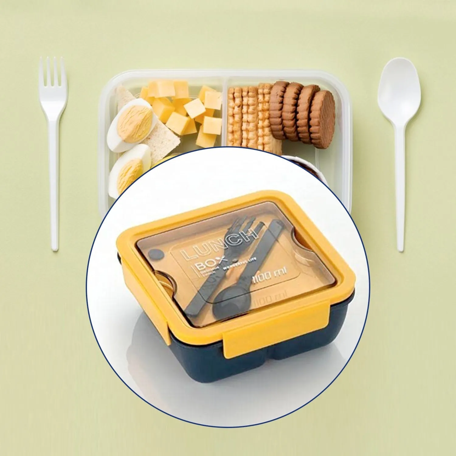 Lunch Box Food Grade Plastic 2 Compartment Containers with Spoon and Fork Microwave Freezer Safe Leak Proof Tiffin Box Ideal for Adult & Kids