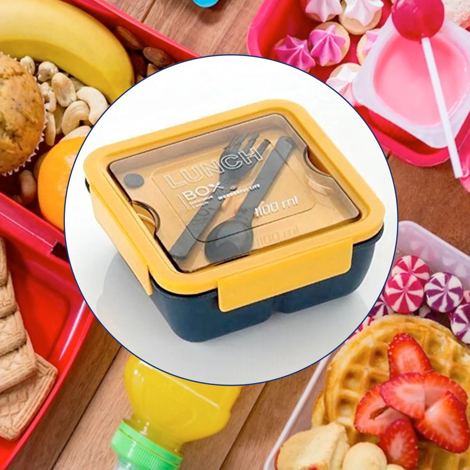 Lunch Box Food Grade Plastic 2 Compartment Containers with Spoon and Fork Microwave Freezer Safe Leak Proof Tiffin Box Ideal for Adult & Kids