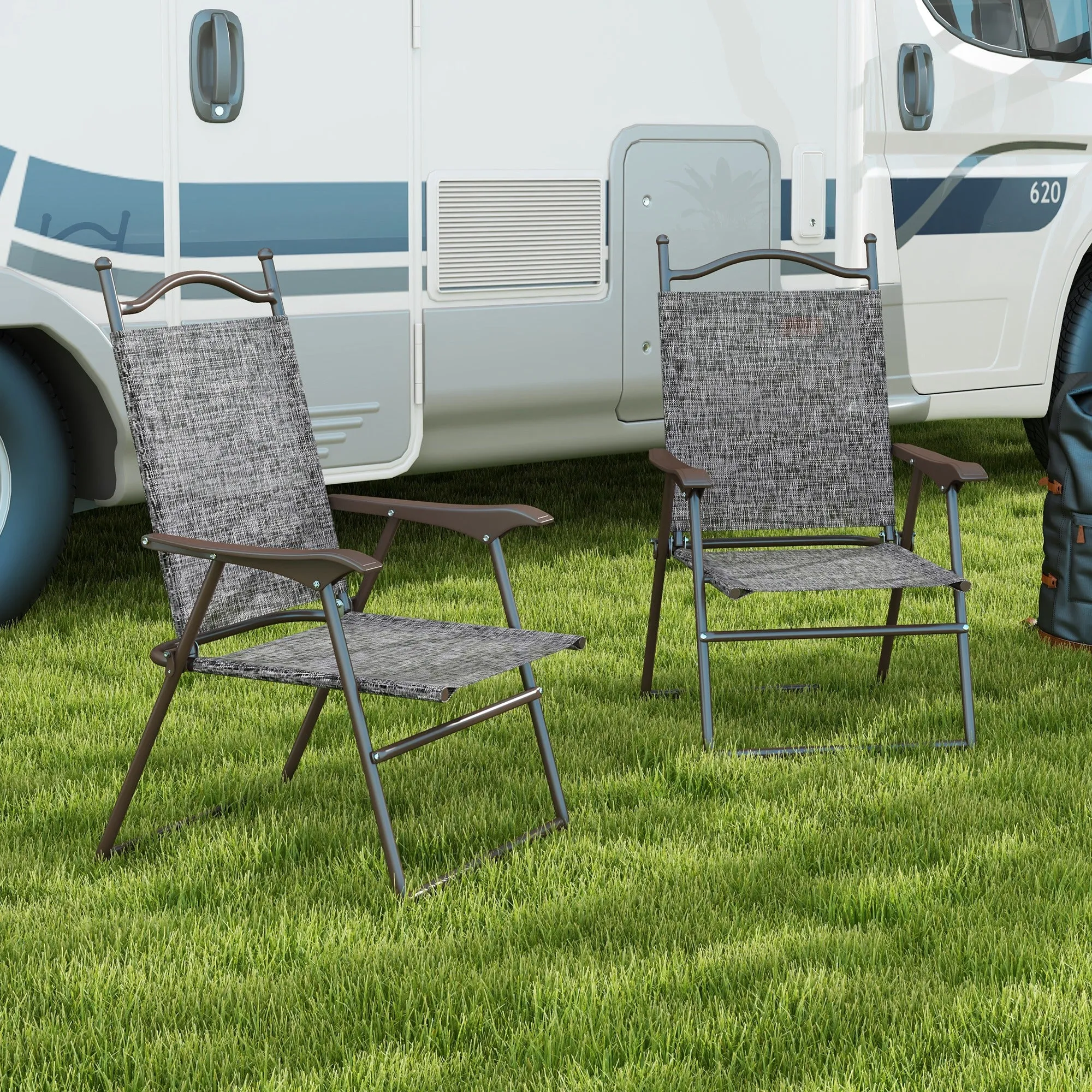 Outsunny Folding Chairs Set w/ Armrest, Breathable Mesh Fabric Seat, Grey