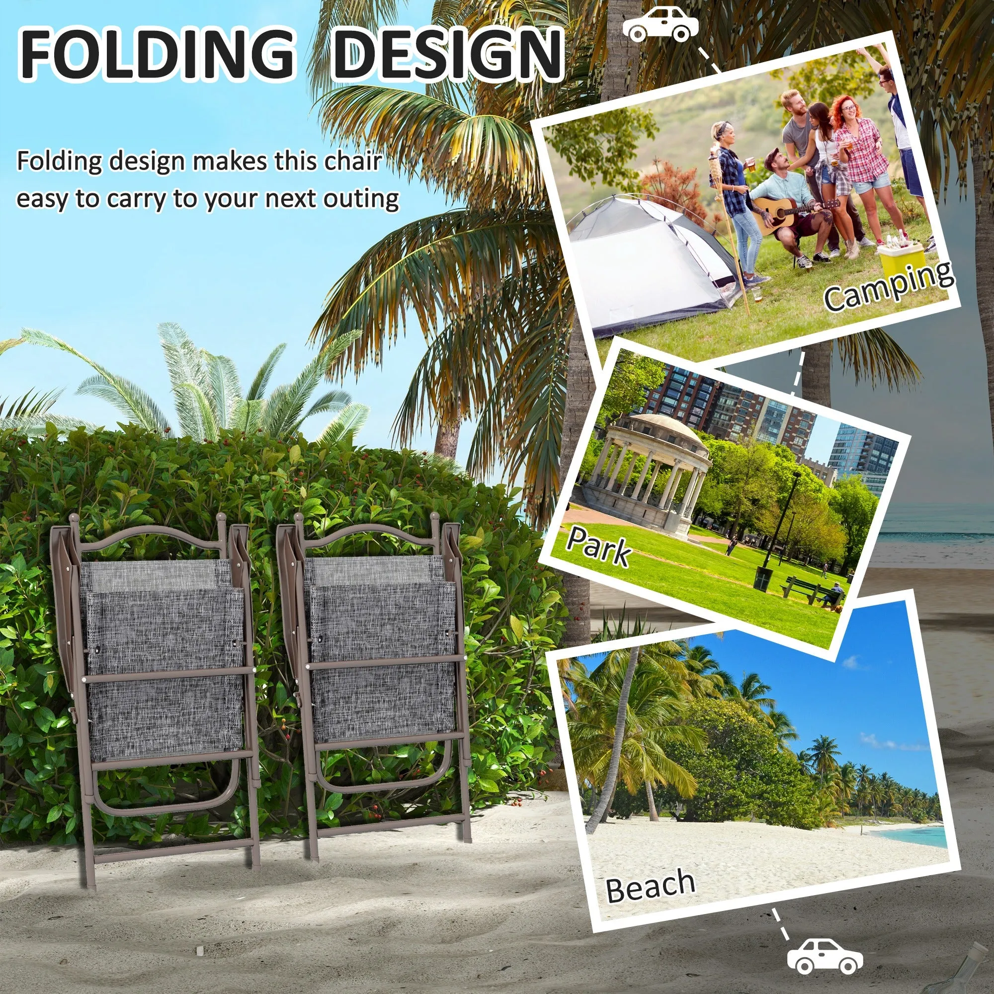 Outsunny Folding Chairs Set w/ Armrest, Breathable Mesh Fabric Seat, Grey