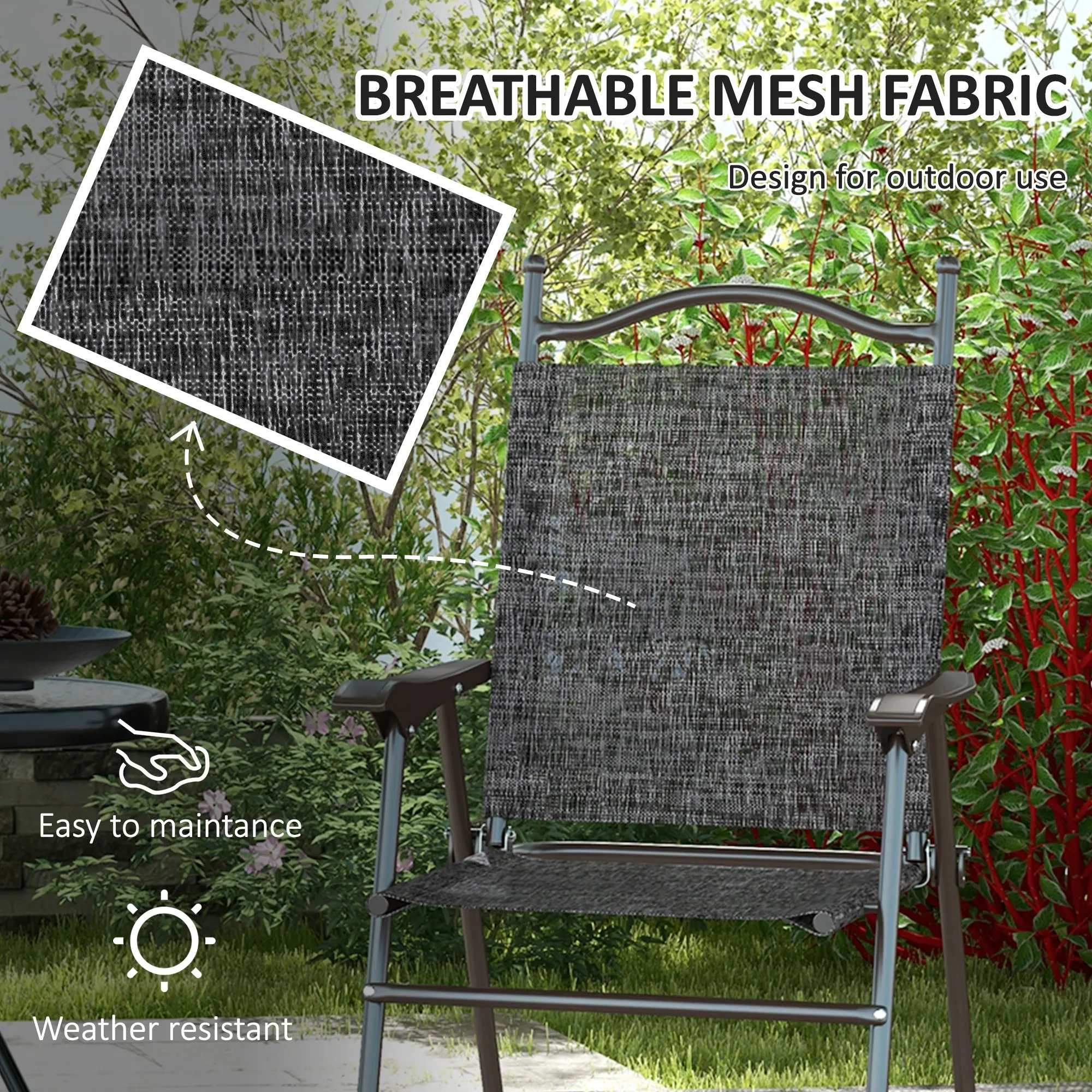 Outsunny Folding Chairs Set w/ Armrest, Breathable Mesh Fabric Seat, Grey