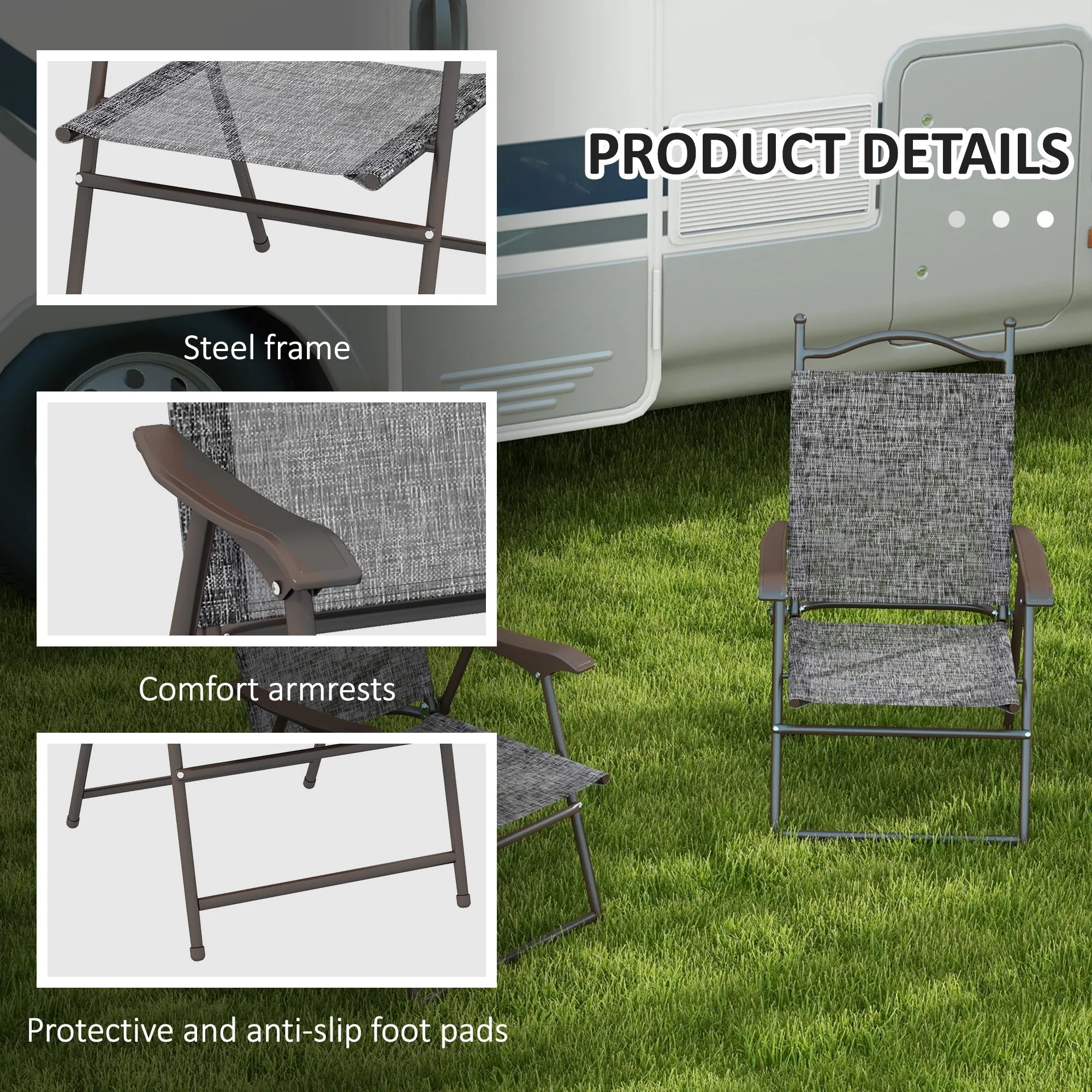Outsunny Folding Chairs Set w/ Armrest, Breathable Mesh Fabric Seat, Grey