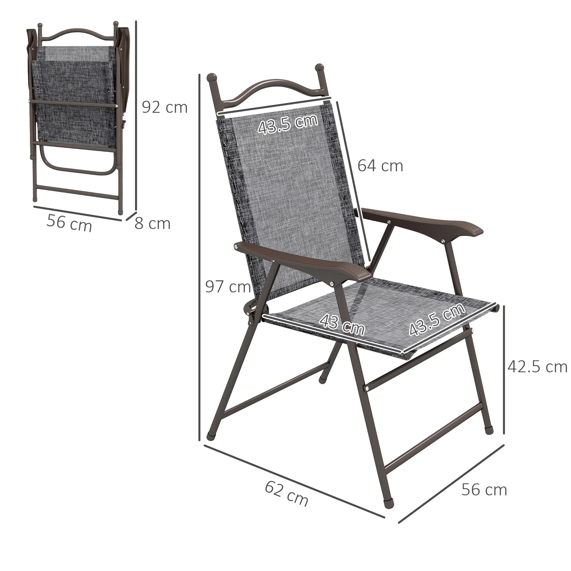 Outsunny Folding Chairs Set w/ Armrest, Breathable Mesh Fabric Seat, Grey
