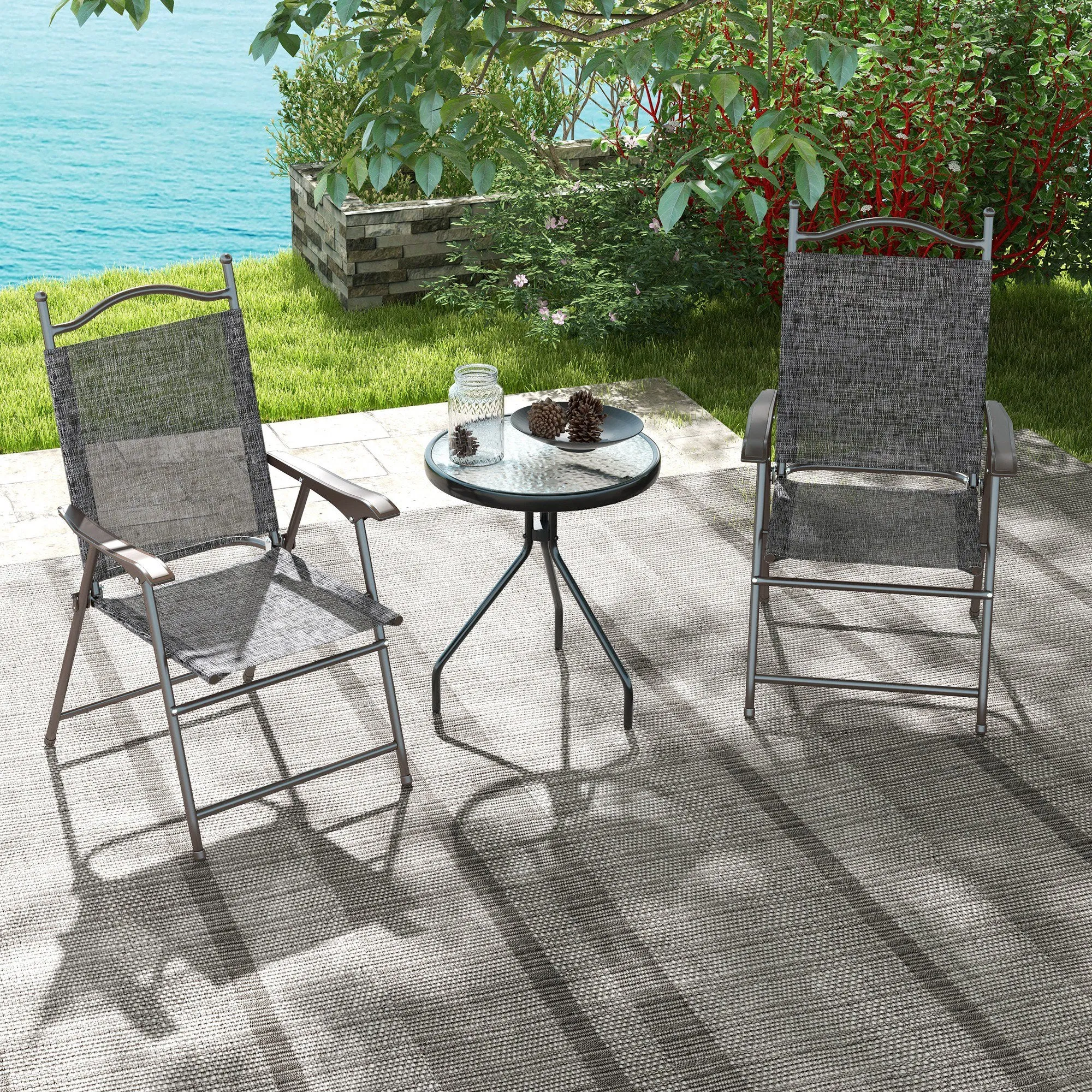 Outsunny Folding Chairs Set w/ Armrest, Breathable Mesh Fabric Seat, Grey