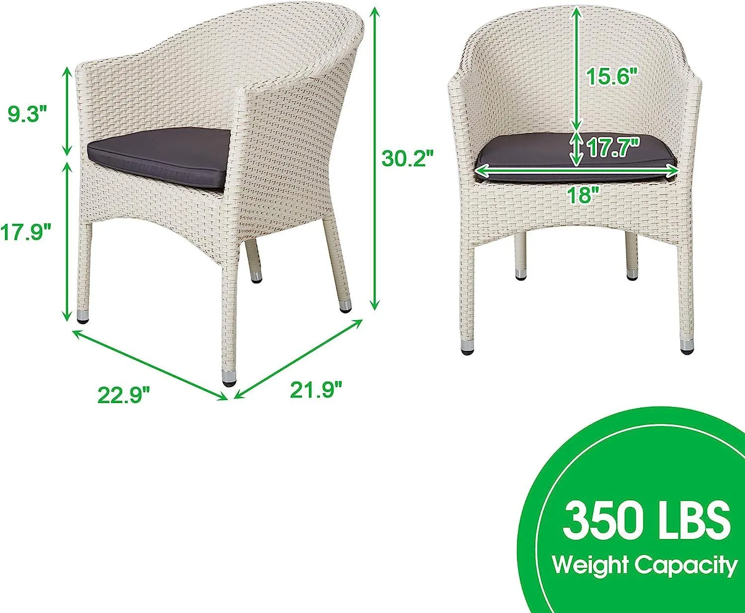 Patio Rattan Chair Stackable Coffee Dining Wicker Chair with Cushions & Arm, White