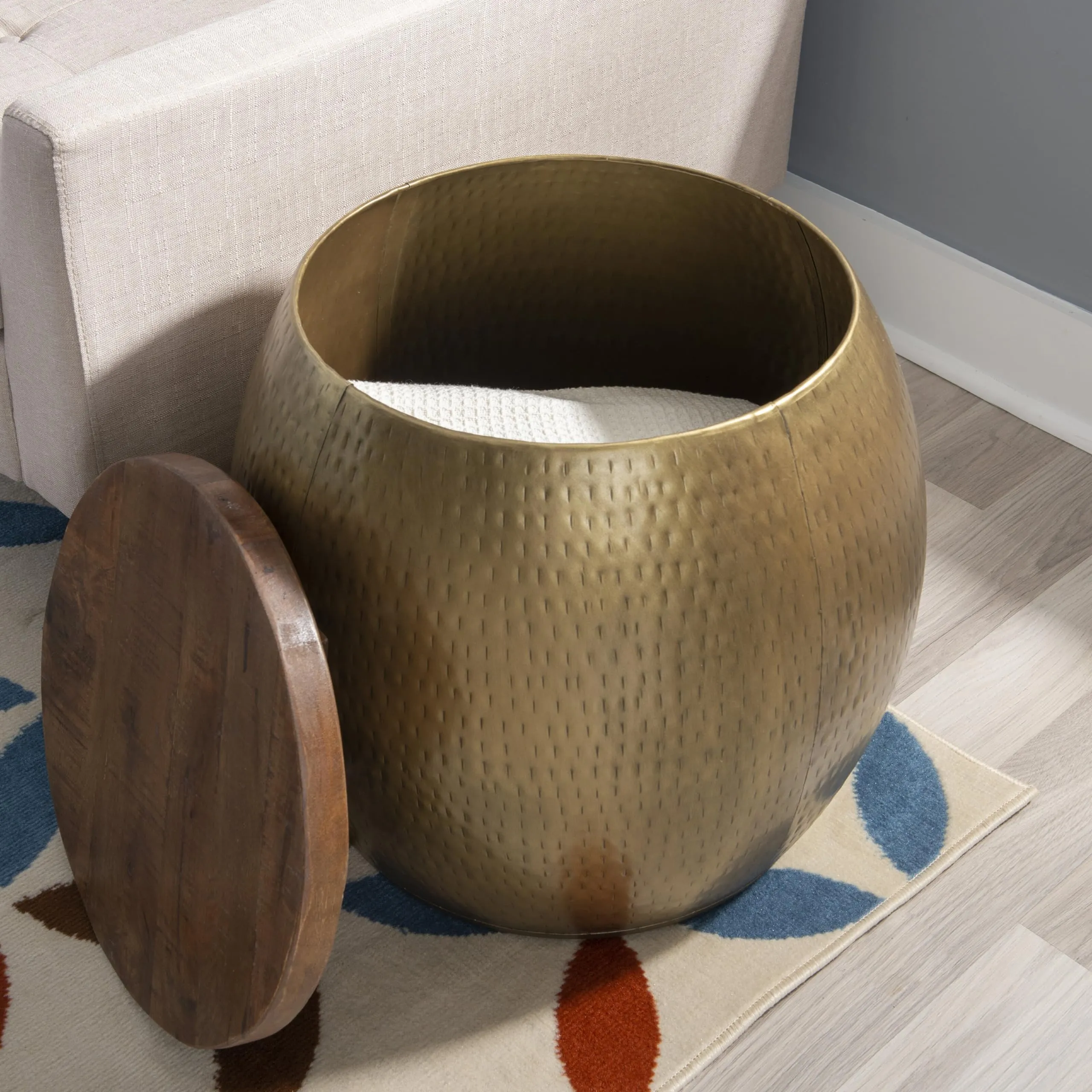 Seeta Arts Distressed Drum Table with Natural Wood Lift Top Storage | Modern Large Metal Accent Side Table | Unique Coffee Table Nightstand for Living Room and Bedroom | Gold