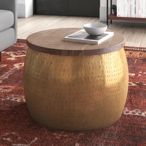 Seeta Arts Distressed Drum Table with Natural Wood Lift Top Storage | Modern Large Metal Accent Side Table | Unique Coffee Table Nightstand for Living Room and Bedroom | Gold