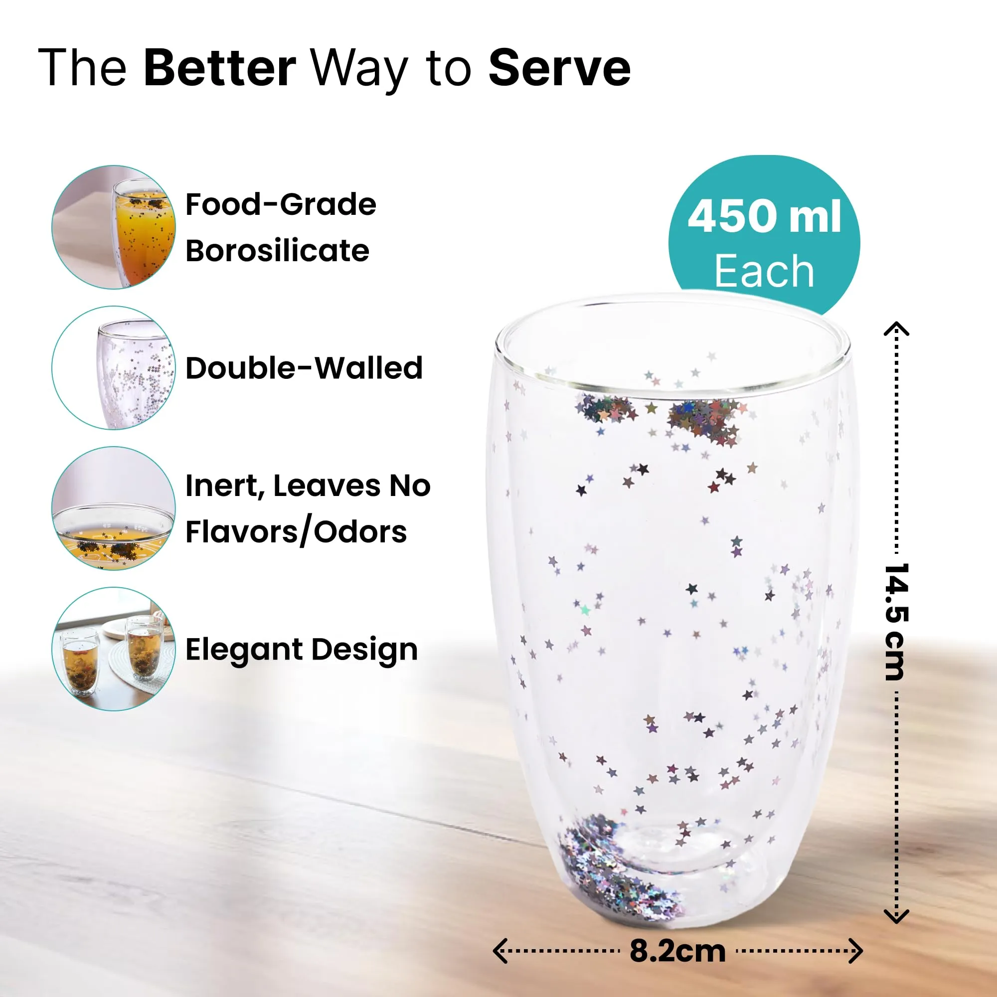 The Better Home Zest Insulated Borosilicate Glass Mugs for Coffee Set of 2 (450ml Each) | Double Walled Tea Cup | Mugs for Gift | Coffee Glass | Tea Mug Set | Transparent Mug | Double Glass Tea Cup