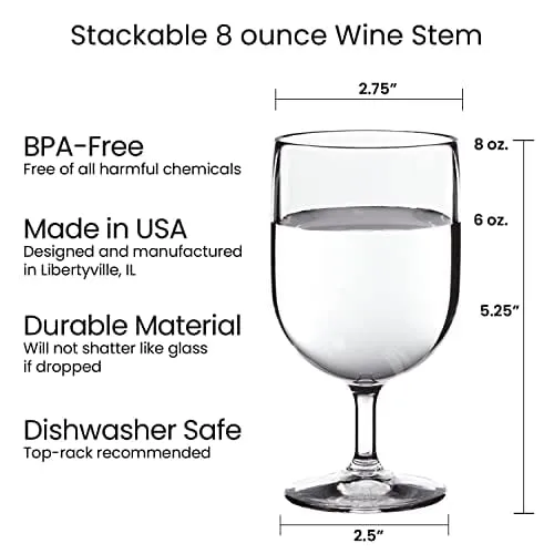 US Acrylic Stackable 8 ounce Plastic Wine Stems in Clear | Set of 8 Reusable, BPA-free, Made in the USA, Top-rack Dishwasher Safe