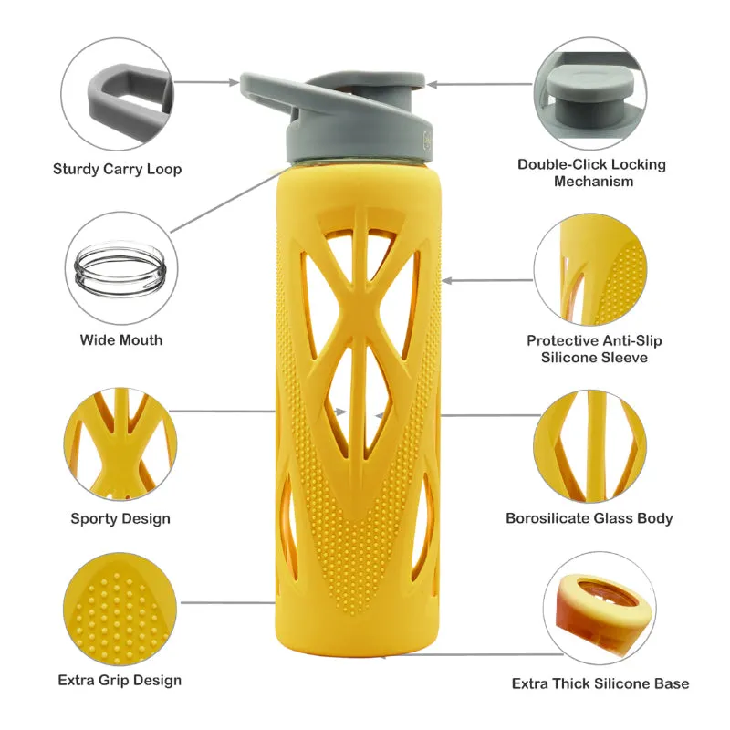 Wego Glass Bottle With Silicon Sleeve (750 ML) - Yellow